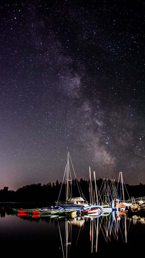 Download wallpaper 2160x3840 boats, pier, river, night, milky way samsung galaxy s4, s5, note, sony xperia z, z1, z2, z3, htc one, lenovo vibe hd background