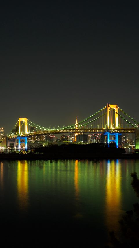 Download wallpaper 2160x3840 bridge, lights, glow, river, reflection, night samsung galaxy s4, s5, note, sony xperia z, z1, z2, z3, htc one, lenovo vibe hd background