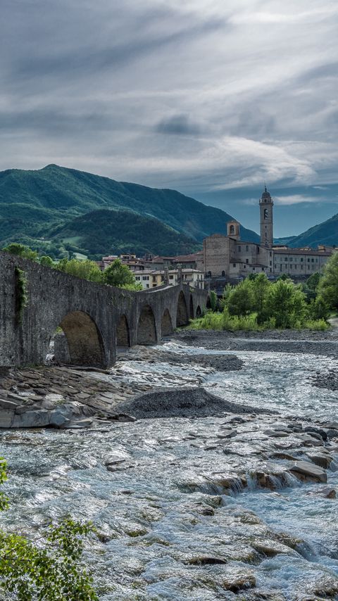 Download wallpaper 2160x3840 bridge, river, building, mountain samsung galaxy s4, s5, note, sony xperia z, z1, z2, z3, htc one, lenovo vibe hd background
