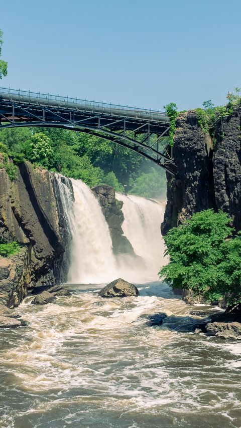 Download wallpaper 2160x3840 bridge, river, waterfall, nature samsung galaxy s4, s5, note, sony xperia z, z1, z2, z3, htc one, lenovo vibe hd background