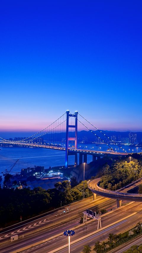 Download wallpaper 2160x3840 bridge, road, lights, twilight, city samsung galaxy s4, s5, note, sony xperia z, z1, z2, z3, htc one, lenovo vibe hd background