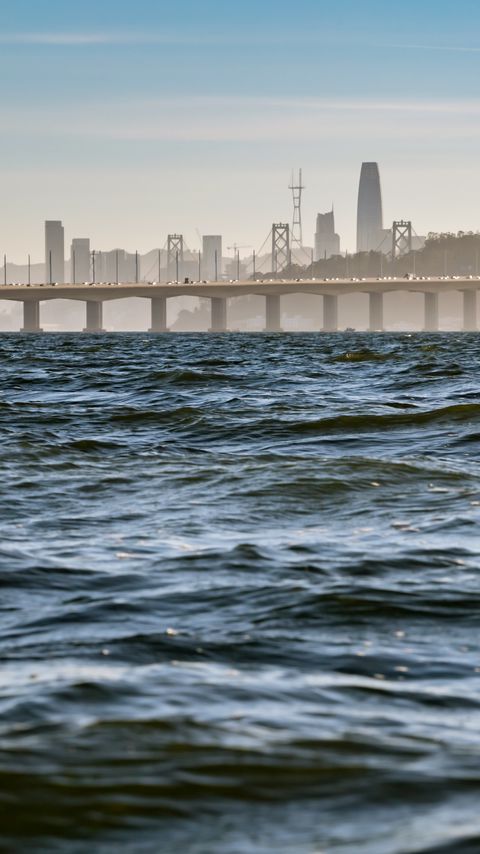Download wallpaper 2160x3840 bridge, sea, buildings, silhouettes, city samsung galaxy s4, s5, note, sony xperia z, z1, z2, z3, htc one, lenovo vibe hd background