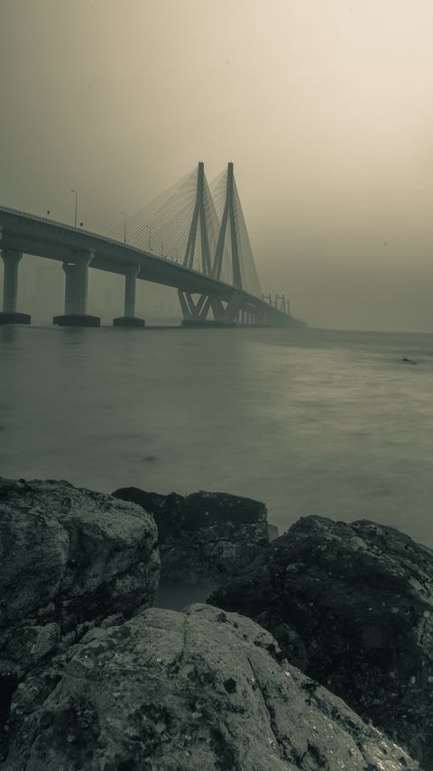 Download wallpaper 2160x3840 bridge, stones, fog, sea, black and white samsung galaxy s4, s5, note, sony xperia z, z1, z2, z3, htc one, lenovo vibe hd background