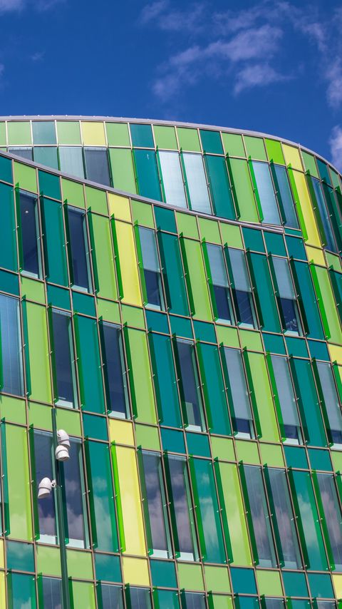 Download wallpaper 2160x3840 building, facade, glass, architecture, green, blue samsung galaxy s4, s5, note, sony xperia z, z1, z2, z3, htc one, lenovo vibe hd background