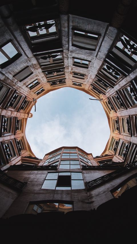 Download wallpaper 2160x3840 building, windows, bottom view, architecture, sky samsung galaxy s4, s5, note, sony xperia z, z1, z2, z3, htc one, lenovo vibe hd background