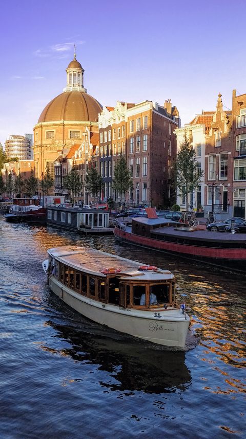 Download wallpaper 2160x3840 buildings, architecture, boat, amsterdam samsung galaxy s4, s5, note, sony xperia z, z1, z2, z3, htc one, lenovo vibe hd background