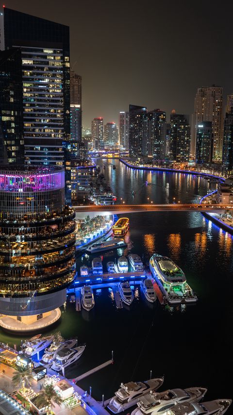 Download wallpaper 2160x3840 buildings, architecture, pier, yachts, neon, lights, city samsung galaxy s4, s5, note, sony xperia z, z1, z2, z3, htc one, lenovo vibe hd background