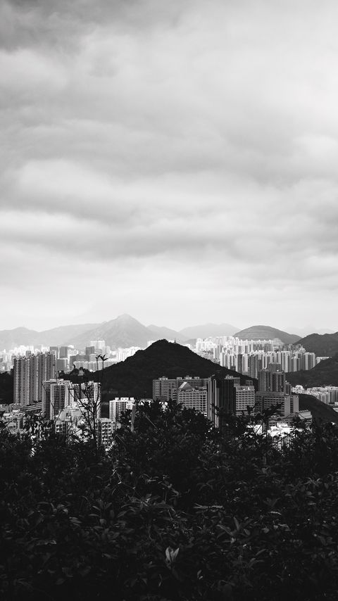 Download wallpaper 2160x3840 buildings, mountains, city, black and white, hong kong samsung galaxy s4, s5, note, sony xperia z, z1, z2, z3, htc one, lenovo vibe hd background