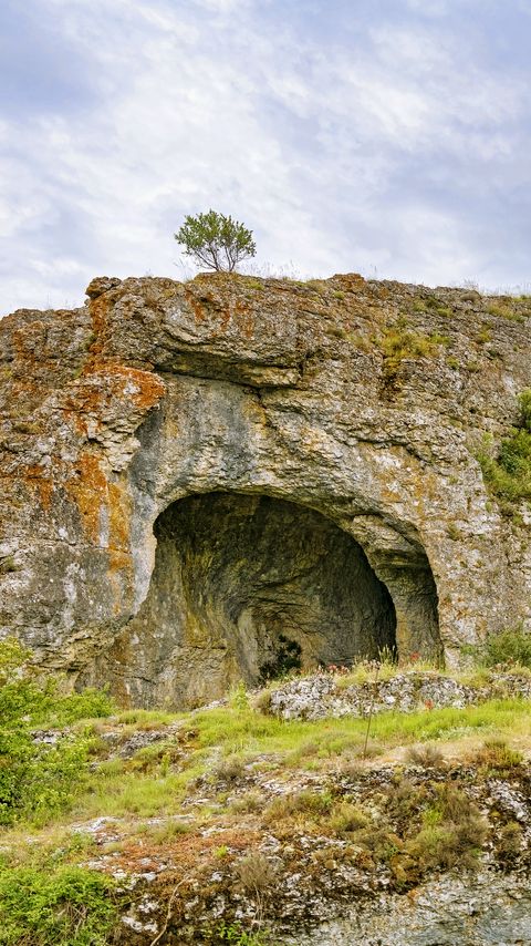 Download wallpaper 2160x3840 cave, rock, tree samsung galaxy s4, s5, note, sony xperia z, z1, z2, z3, htc one, lenovo vibe hd background