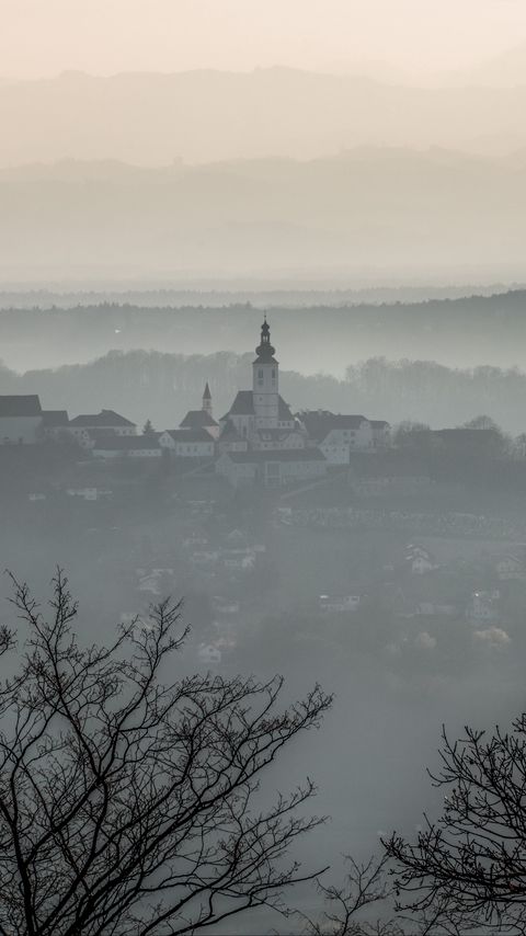 Download wallpaper 2160x3840 church, buildings, trees, fog samsung galaxy s4, s5, note, sony xperia z, z1, z2, z3, htc one, lenovo vibe hd background