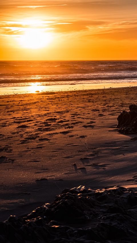 Download wallpaper 2160x3840 coast, sand, sea, sunset samsung galaxy s4, s5, note, sony xperia z, z1, z2, z3, htc one, lenovo vibe hd background