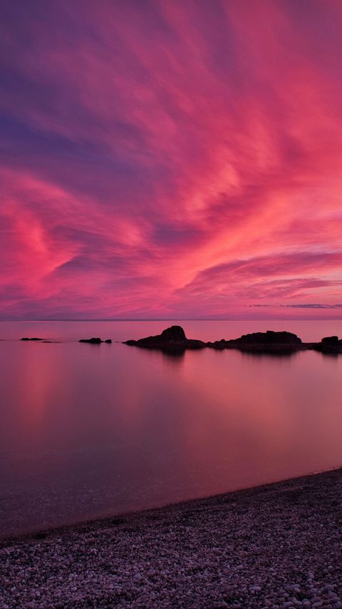 Download wallpaper 2160x3840 coast, sea, pebbles, stones, sunset, nature samsung galaxy s4, s5, note, sony xperia z, z1, z2, z3, htc one, lenovo vibe hd background