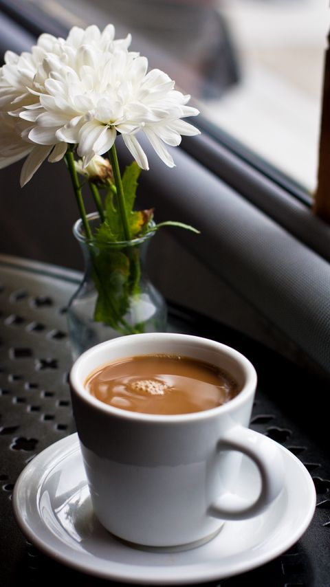 Download wallpaper 2160x3840 coffee, drink, cup, flowers samsung galaxy s4, s5, note, sony xperia z, z1, z2, z3, htc one, lenovo vibe hd background