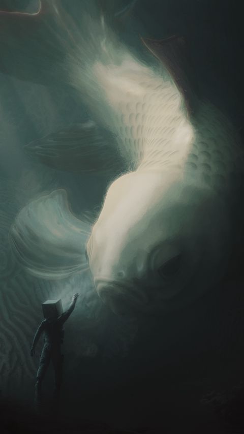 Download wallpaper 2160x3840 fish, man, cube, art samsung galaxy s4, s5, note, sony xperia z, z1, z2, z3, htc one, lenovo vibe hd background