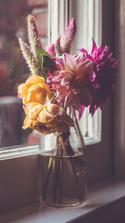 Download wallpaper 2160x3840 flowers, petals, bouquet, vase, window samsung galaxy s4, s5, note, sony xperia z, z1, z2, z3, htc one, lenovo vibe hd background