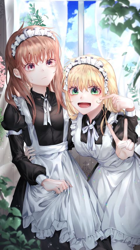 Download wallpaper 2160x3840 friends, girls, maids, anime samsung galaxy s4, s5, note, sony xperia z, z1, z2, z3, htc one, lenovo vibe hd background