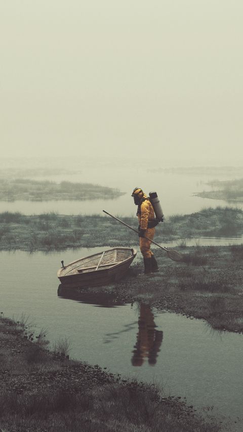 Download wallpaper 2160x3840 gas mask, man, boat, river, art samsung galaxy s4, s5, note, sony xperia z, z1, z2, z3, htc one, lenovo vibe hd background