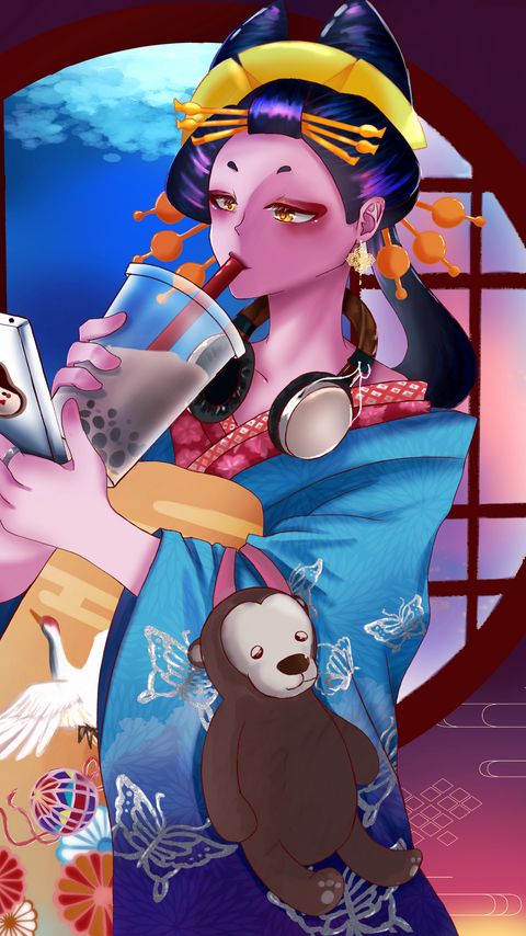 Download wallpaper 2160x3840 geisha, kimono, glass, cocktail, telephone, style, anime samsung galaxy s4, s5, note, sony xperia z, z1, z2, z3, htc one, lenovo vibe hd background