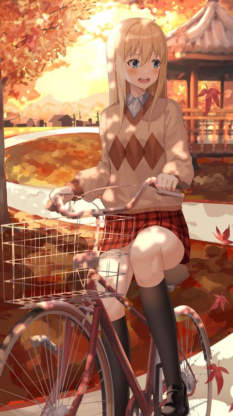 Download wallpaper 2160x3840 girl, bike, autumn, anime, art, cartoon samsung galaxy s4, s5, note, sony xperia z, z1, z2, z3, htc one, lenovo vibe hd background