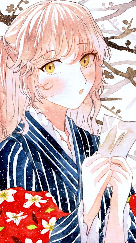 Download wallpaper 2160x3840 girl, blush, kimono, watercolor, anime samsung galaxy s4, s5, note, sony xperia z, z1, z2, z3, htc one, lenovo vibe hd background