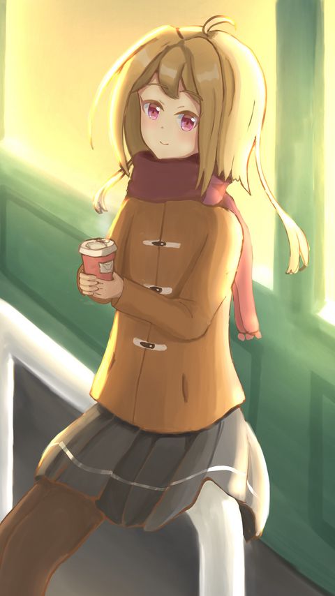 Download wallpaper 2160x3840 girl, coat, scarf, cup, anime samsung galaxy s4, s5, note, sony xperia z, z1, z2, z3, htc one, lenovo vibe hd background