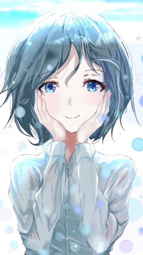 Download wallpaper 2160x3840 girl, gesture, smile, shirt, anime, cute samsung galaxy s4, s5, note, sony xperia z, z1, z2, z3, htc one, lenovo vibe hd background