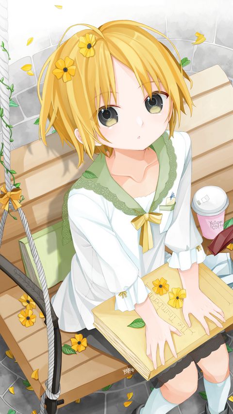 Download wallpaper 2160x3840 girl, glance, book, anime, art, yellow samsung galaxy s4, s5, note, sony xperia z, z1, z2, z3, htc one, lenovo vibe hd background