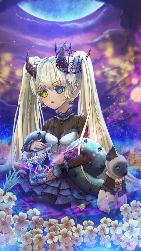 Download wallpaper 2160x3840 girl, heterochromia, crown, princess, cat, anime samsung galaxy s4, s5, note, sony xperia z, z1, z2, z3, htc one, lenovo vibe hd background