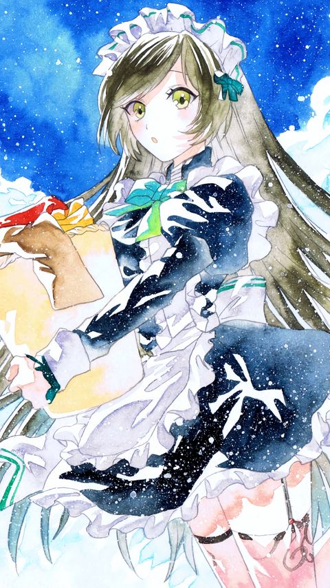 Download wallpaper 2160x3840 girl, housemaid, package, snow, watercolor, anime samsung galaxy s4, s5, note, sony xperia z, z1, z2, z3, htc one, lenovo vibe hd background