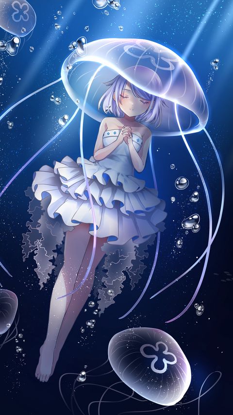Download wallpaper 2160x3840 girl, jellyfish, underwater world, anime, art samsung galaxy s4, s5, note, sony xperia z, z1, z2, z3, htc one, lenovo vibe hd background