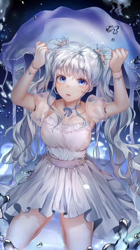 Download wallpaper 2160x3840 girl, jellyfish, water, anime, art samsung galaxy s4, s5, note, sony xperia z, z1, z2, z3, htc one, lenovo vibe hd background