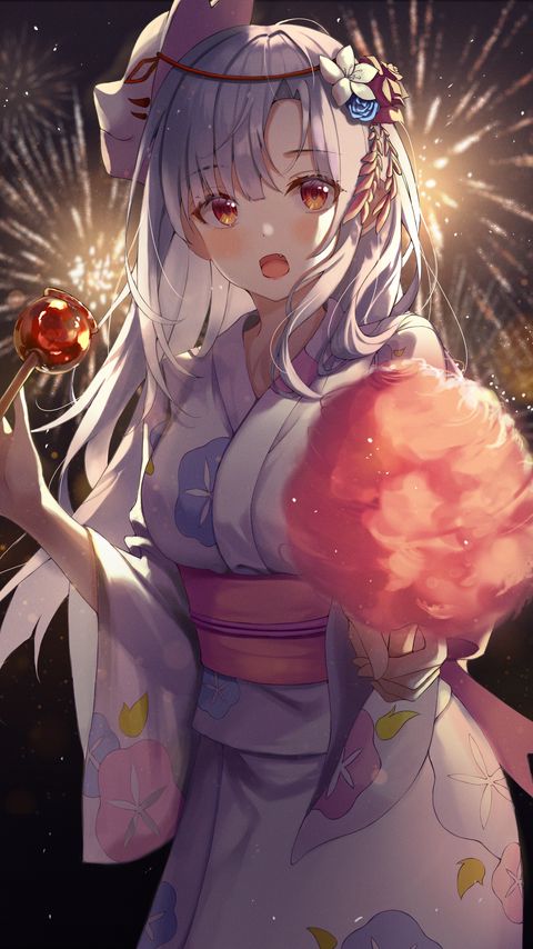 Download wallpaper 2160x3840 girl, kimono, emotion, cotton candy, anime samsung galaxy s4, s5, note, sony xperia z, z1, z2, z3, htc one, lenovo vibe hd background