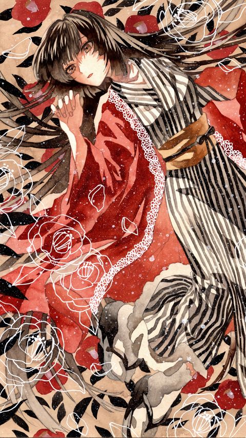 Download wallpaper 2160x3840 girl, kimono, flowers, snow, watercolor, anime samsung galaxy s4, s5, note, sony xperia z, z1, z2, z3, htc one, lenovo vibe hd background
