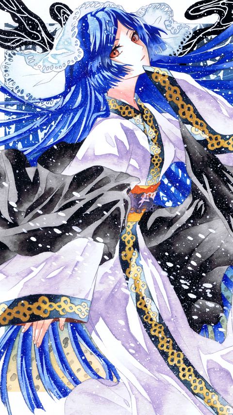 Download wallpaper 2160x3840 girl, kimono, snow, watercolor, anime samsung galaxy s4, s5, note, sony xperia z, z1, z2, z3, htc one, lenovo vibe hd background