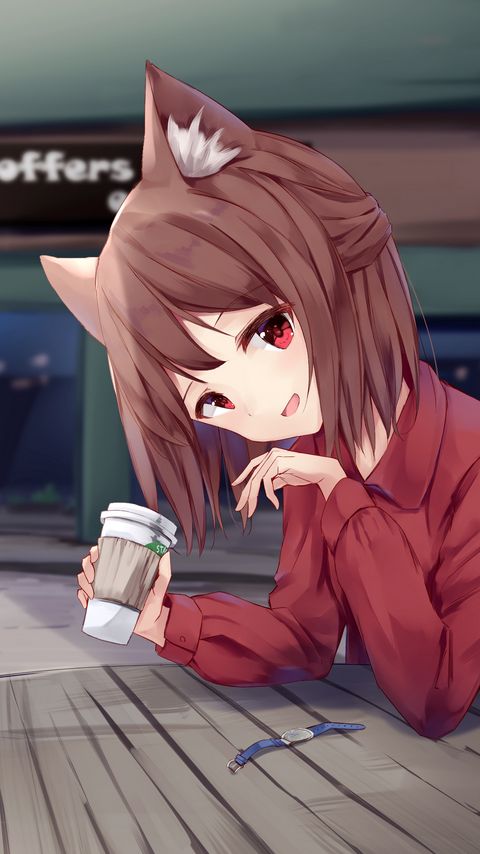 Download wallpaper 2160x3840 girl, neko, coffee, cute, anime samsung galaxy s4, s5, note, sony xperia z, z1, z2, z3, htc one, lenovo vibe hd background