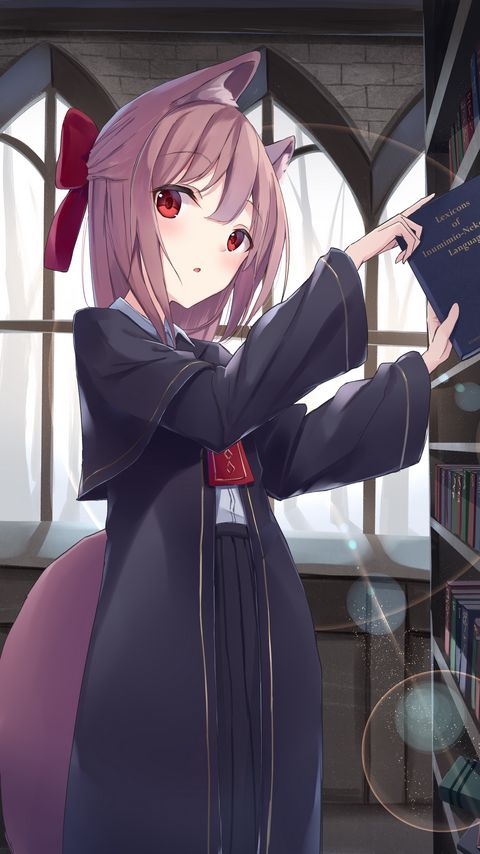 Download wallpaper 2160x3840 girl, neko, ears, book, anime samsung galaxy s4, s5, note, sony xperia z, z1, z2, z3, htc one, lenovo vibe hd background