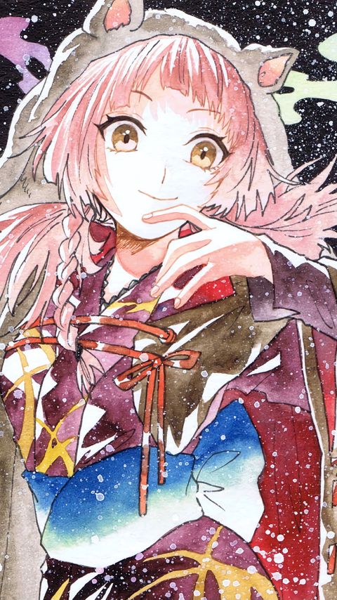 Download wallpaper 2160x3840 girl, neko, smile, snow, watercolor, anime samsung galaxy s4, s5, note, sony xperia z, z1, z2, z3, htc one, lenovo vibe hd background