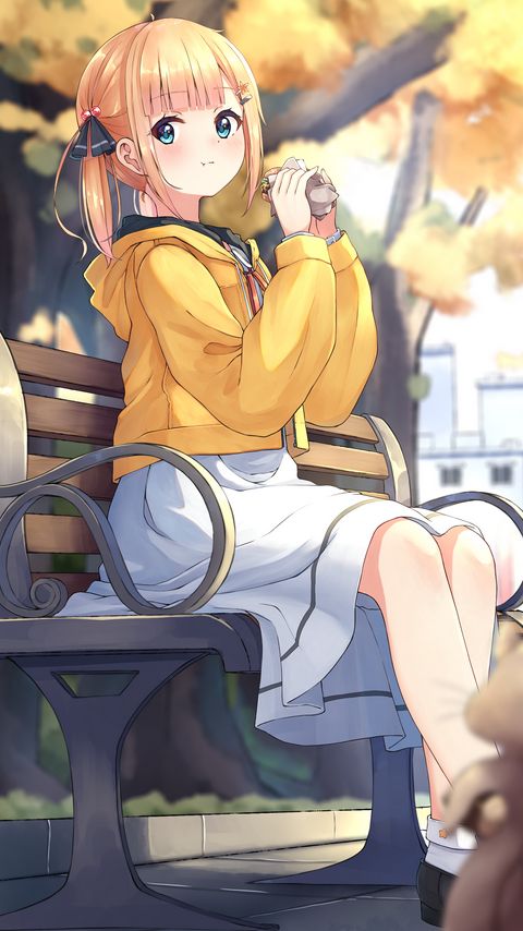 Download wallpaper 2160x3840 girl, sandwich, bench, anime samsung galaxy s4, s5, note, sony xperia z, z1, z2, z3, htc one, lenovo vibe hd background