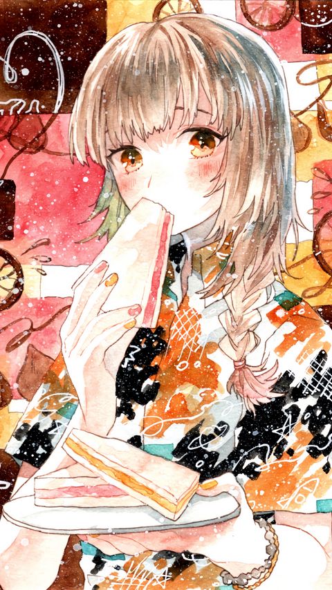 Download wallpaper 2160x3840 girl, sandwich, watercolor, anime samsung galaxy s4, s5, note, sony xperia z, z1, z2, z3, htc one, lenovo vibe hd background