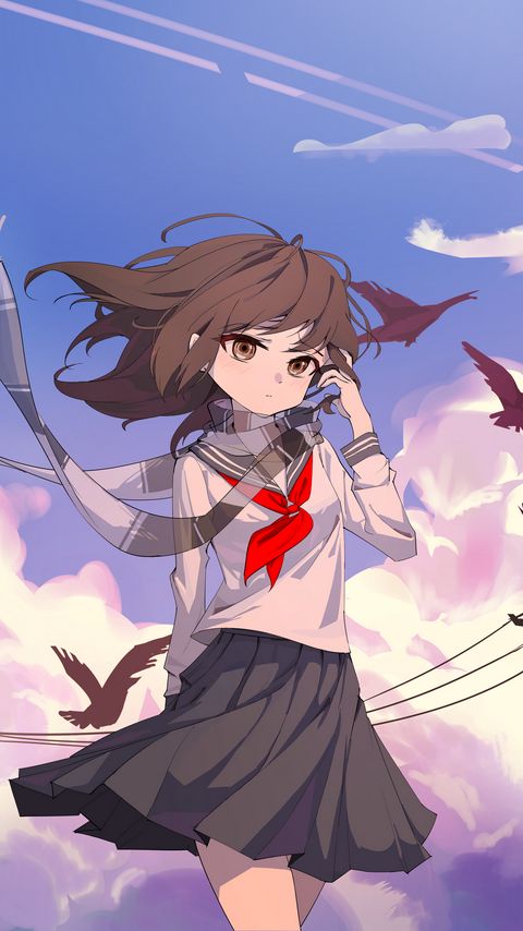 Download wallpaper 2160x3840 girl, scarf, birds, wind, anime samsung galaxy s4, s5, note, sony xperia z, z1, z2, z3, htc one, lenovo vibe hd background