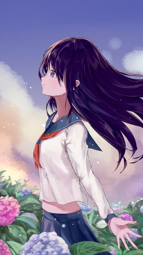 Download wallpaper 2160x3840 girl, schoolgirl, field, flowers, anime samsung galaxy s4, s5, note, sony xperia z, z1, z2, z3, htc one, lenovo vibe hd background