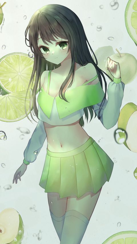 Download wallpaper 2160x3840 girl, skirt, apples, drops, water, anime, green samsung galaxy s4, s5, note, sony xperia z, z1, z2, z3, htc one, lenovo vibe hd background