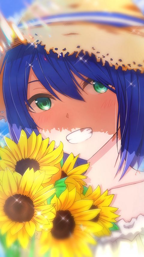 Download wallpaper 2160x3840 girl, smile, hat, sunflowers, flowers, anime samsung galaxy s4, s5, note, sony xperia z, z1, z2, z3, htc one, lenovo vibe hd background