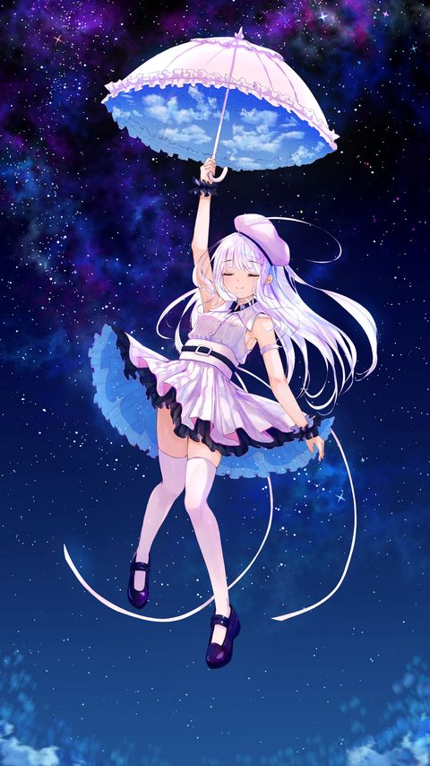 Download wallpaper 2160x3840 girl, smile, umbrella, starry sky, anime samsung galaxy s4, s5, note, sony xperia z, z1, z2, z3, htc one, lenovo vibe hd background