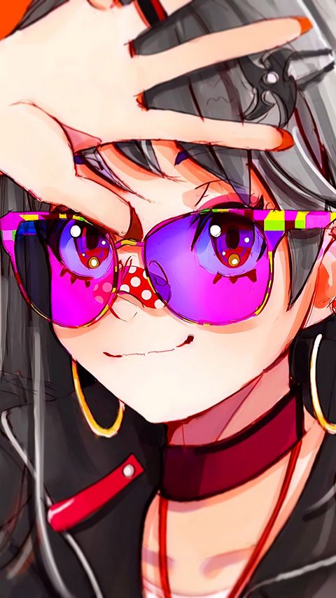 Download wallpaper 2160x3840 girl, sunglasses, smile, hand, anime samsung galaxy s4, s5, note, sony xperia z, z1, z2, z3, htc one, lenovo vibe hd background