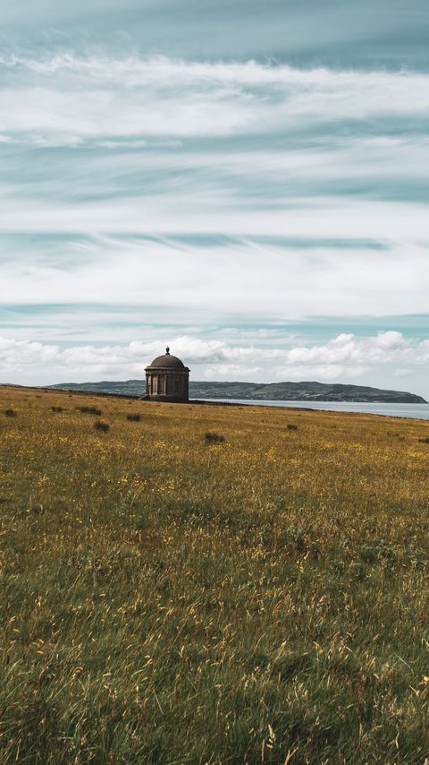 Download wallpaper 2160x3840 grass, field, building, clouds samsung galaxy s4, s5, note, sony xperia z, z1, z2, z3, htc one, lenovo vibe hd background
