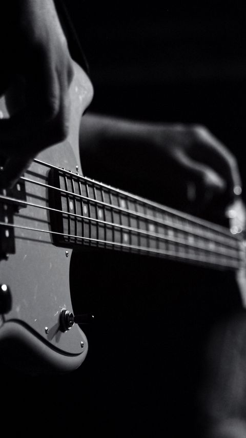 Download wallpaper 2160x3840 guitar, bas-guitar, strings, hands, music, black and white samsung galaxy s4, s5, note, sony xperia z, z1, z2, z3, htc one, lenovo vibe hd background