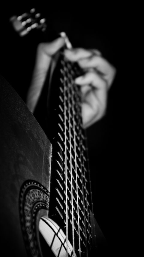 Download wallpaper 2160x3840 guitar, strings, hand, music, black and white samsung galaxy s4, s5, note, sony xperia z, z1, z2, z3, htc one, lenovo vibe hd background