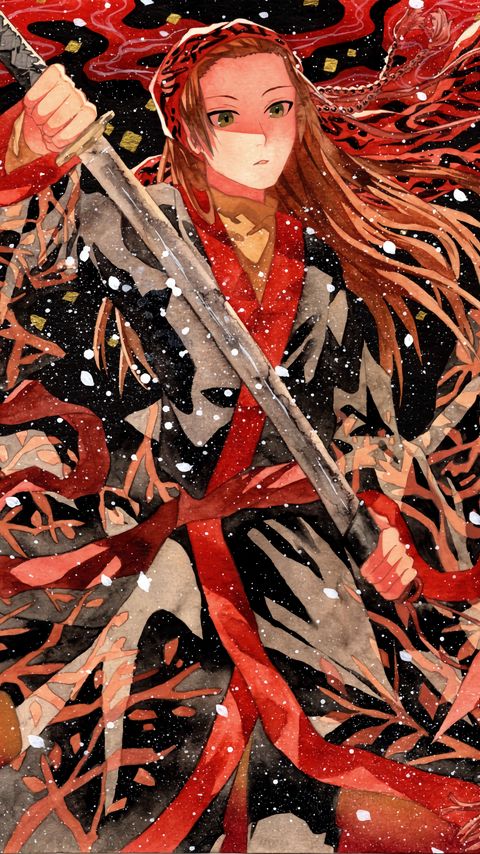 Download wallpaper 2160x3840 guy, sword, kimono, snow, watercolor, anime samsung galaxy s4, s5, note, sony xperia z, z1, z2, z3, htc one, lenovo vibe hd background