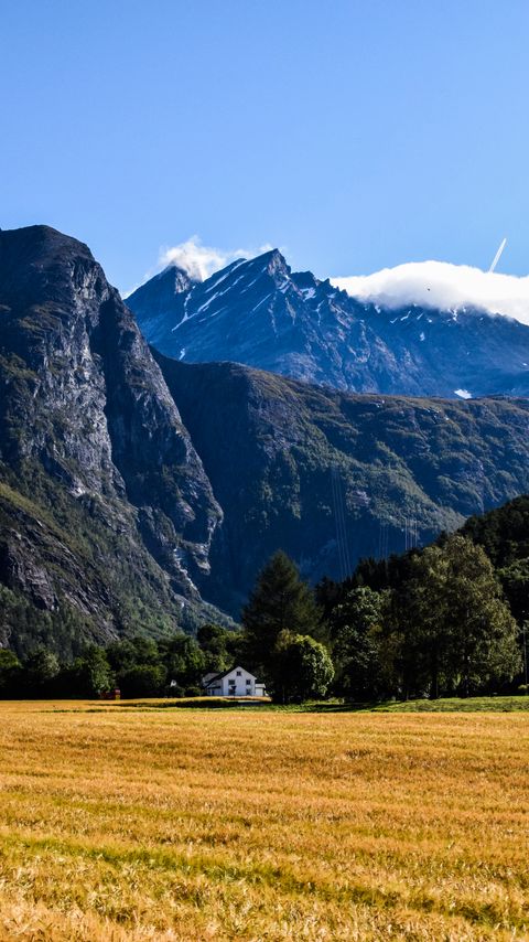 Download wallpaper 2160x3840 house, field, trees, mountains samsung galaxy s4, s5, note, sony xperia z, z1, z2, z3, htc one, lenovo vibe hd background